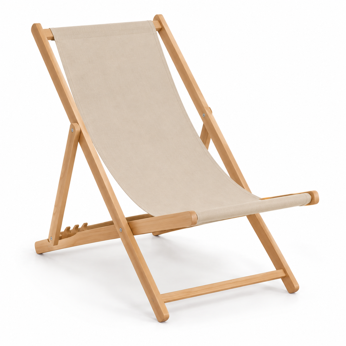Wood-Frame Folding Sling Deck Chair, Sand Beige