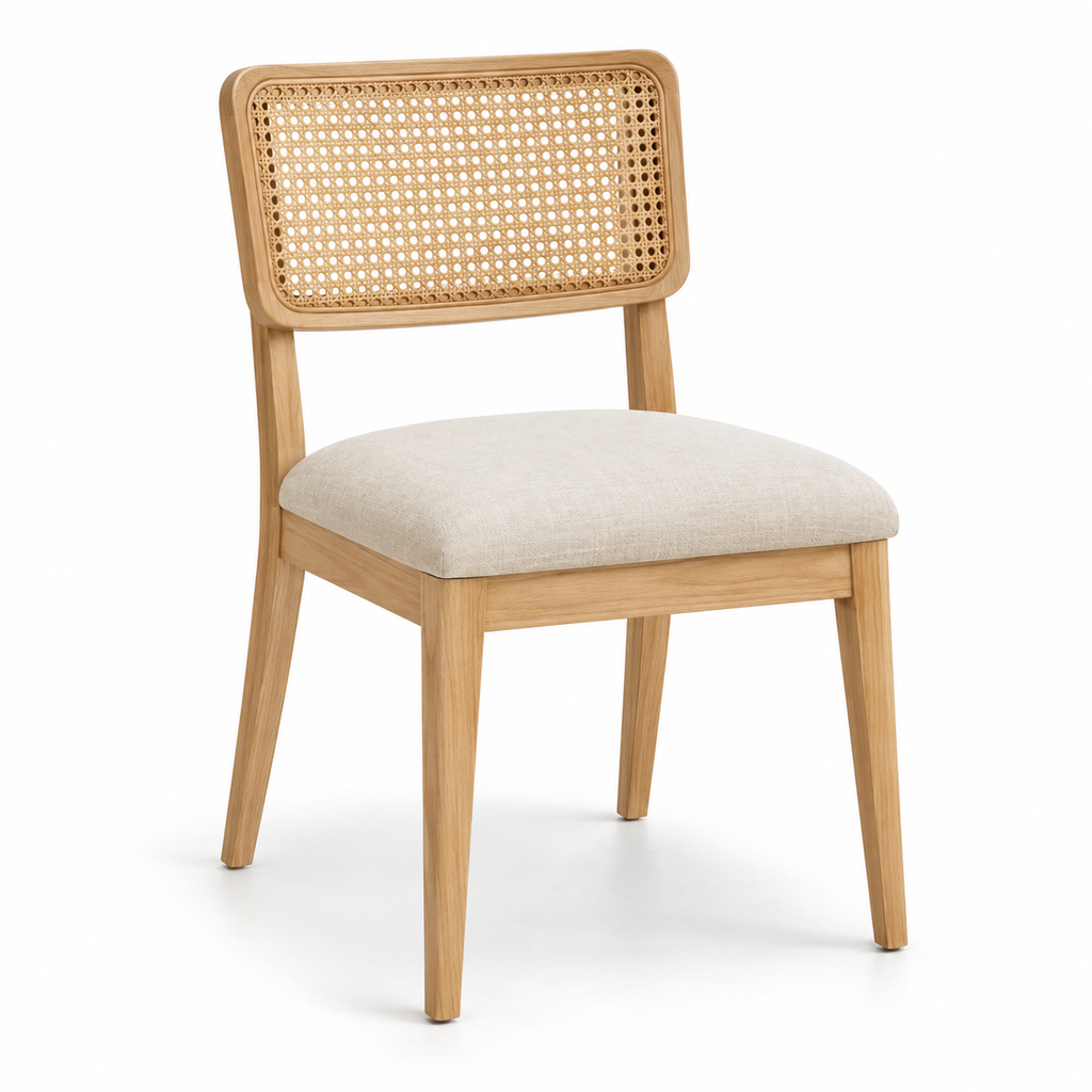 Cane-Back Dining Chair with Upholstered Seat, Natural Wood