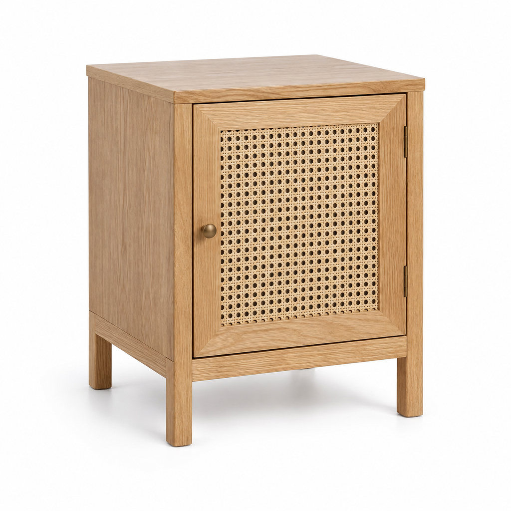 Cane-Door Bedside Cabinet, Natural Wood