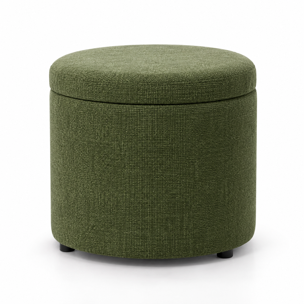 Round Storage Ottoman with Lift-Off Lid, Moss Green