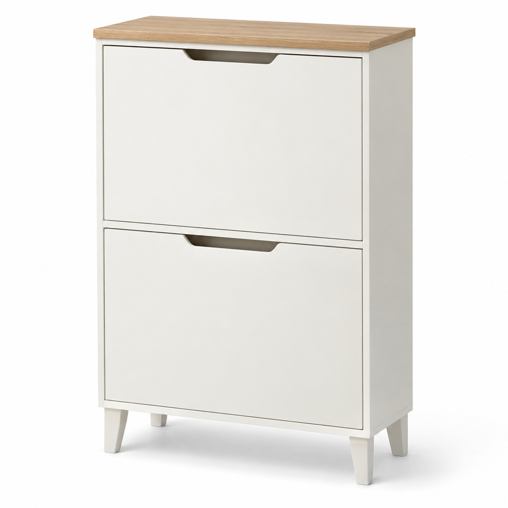 Slim 2-Compartment Flip-Door Shoe Cabinet, White and Oak Look