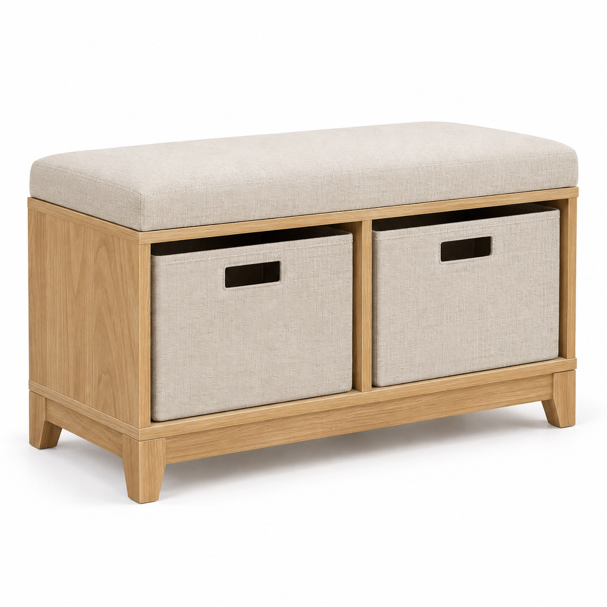 Entryway Storage Bench with Two Fabric Bins, Oak Look