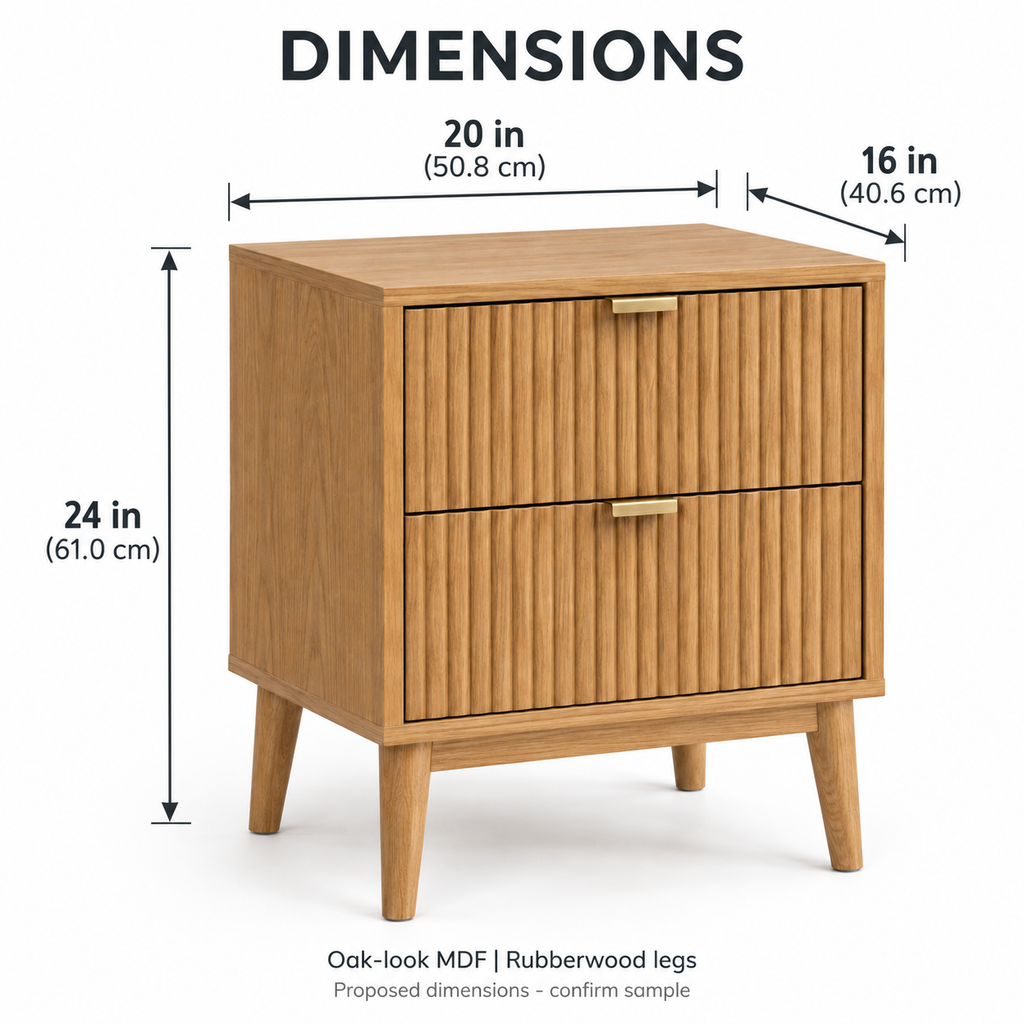 Fluted 2-Drawer Nightstand, Natural Oak Look