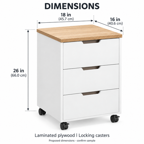 3-Drawer Rolling Storage Cabinet, White and Oak Look