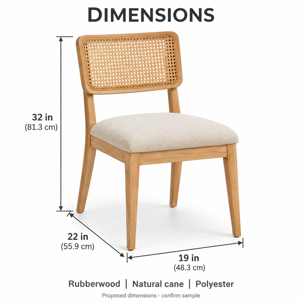 Cane-Back Dining Chair with Upholstered Seat, Natural Wood