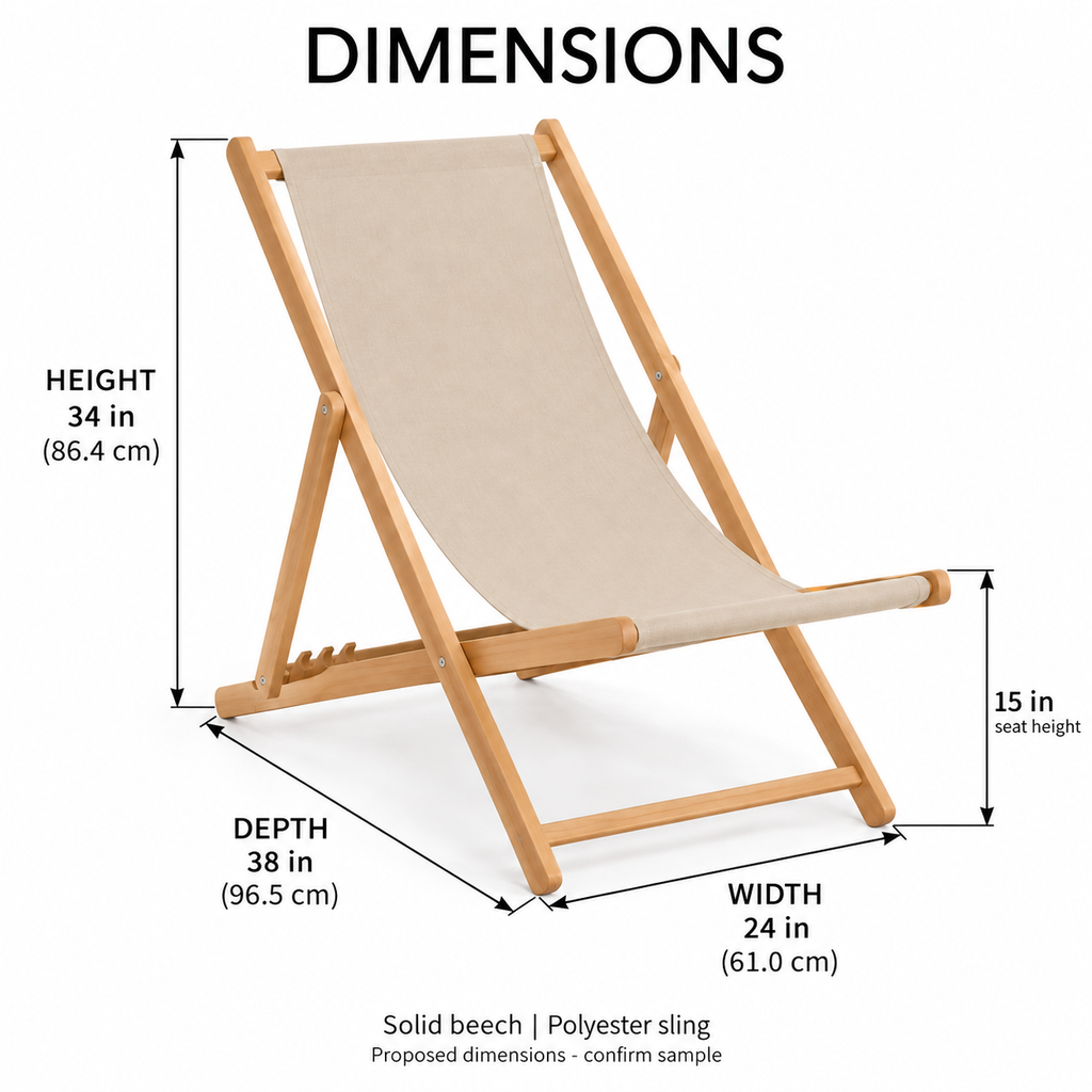Wood-Frame Folding Sling Deck Chair, Sand Beige
