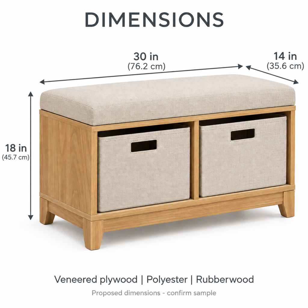 Entryway Storage Bench with Two Fabric Bins, Oak Look