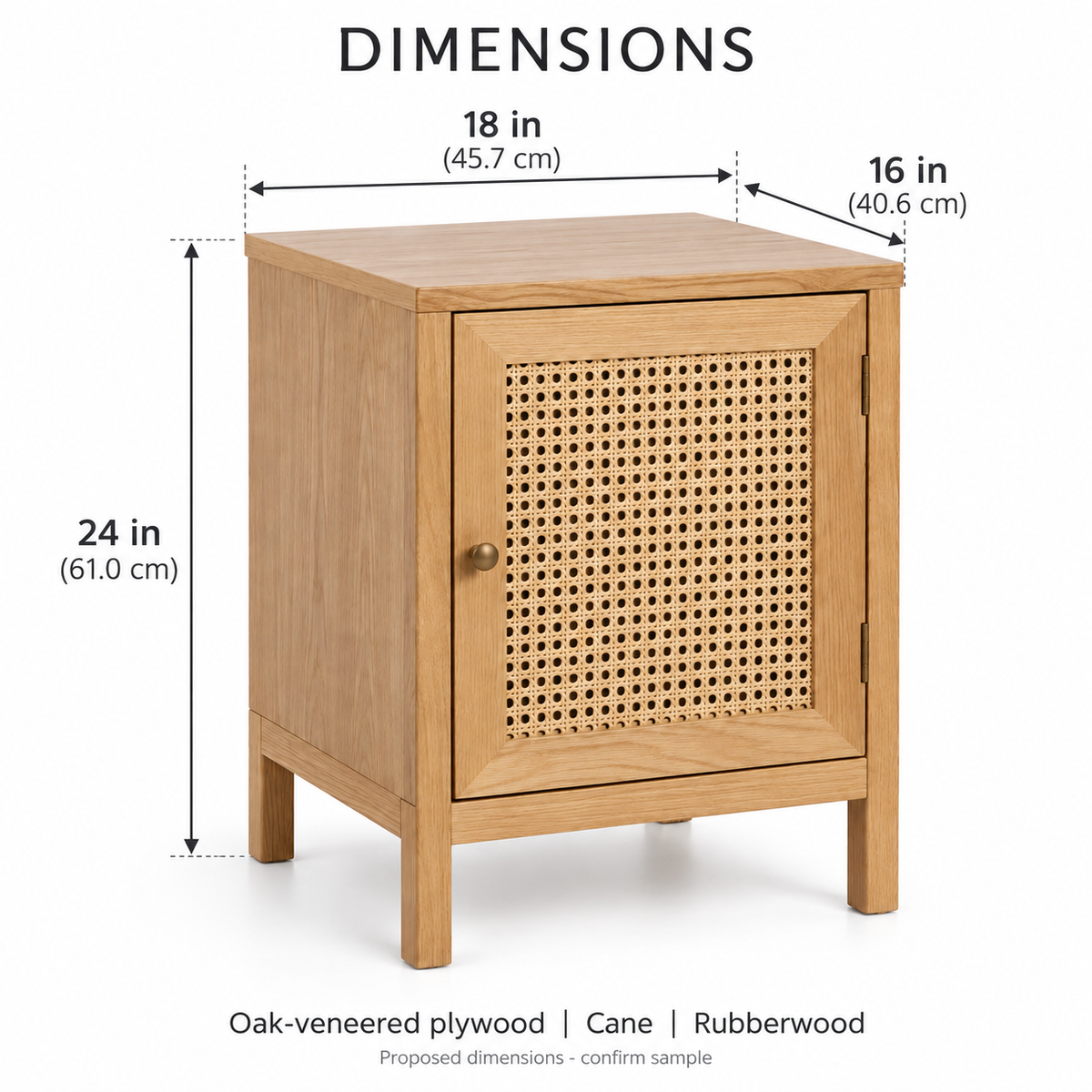 Cane-Door Bedside Cabinet, Natural Wood