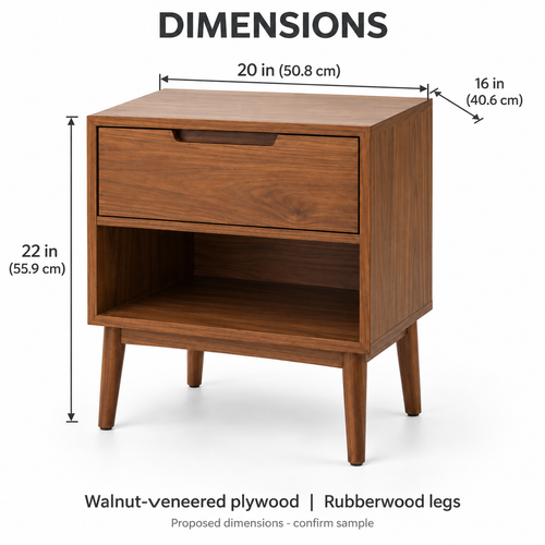 1-Drawer Nightstand with Open Shelf, Walnut Finish
