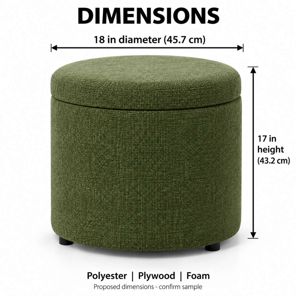 Round Storage Ottoman with Lift-Off Lid, Moss Green