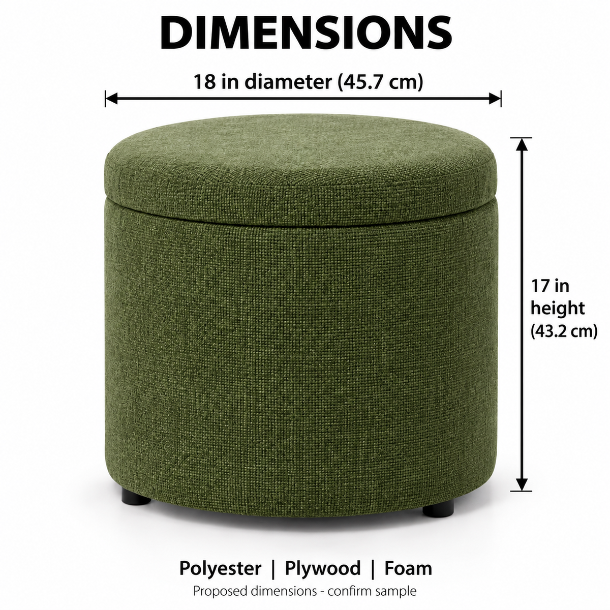 Round Storage Ottoman with Lift-Off Lid, Moss Green