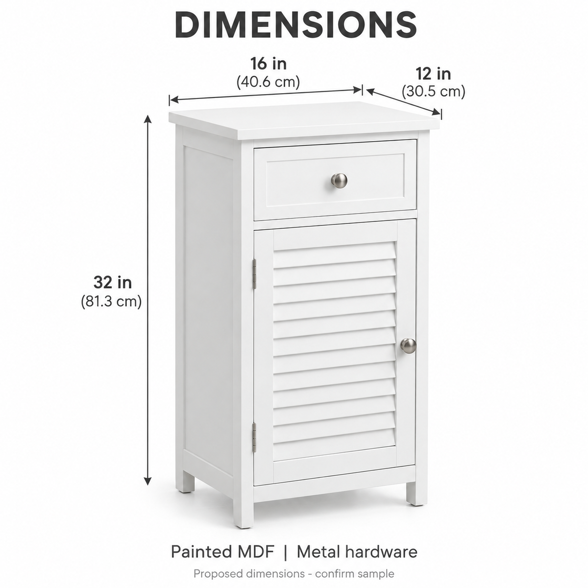 Bathroom Floor Cabinet with Drawer and Slatted Door, White