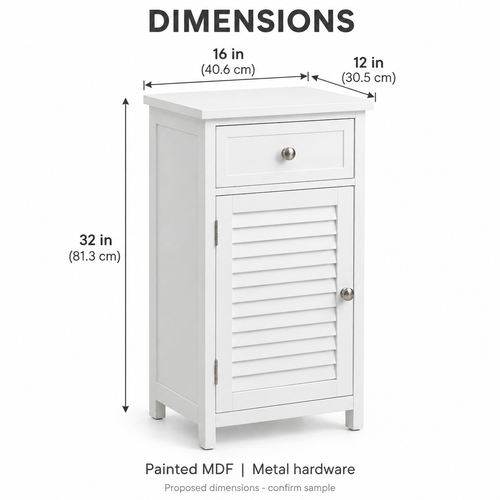 Bathroom Floor Cabinet with Drawer and Slatted Door, White