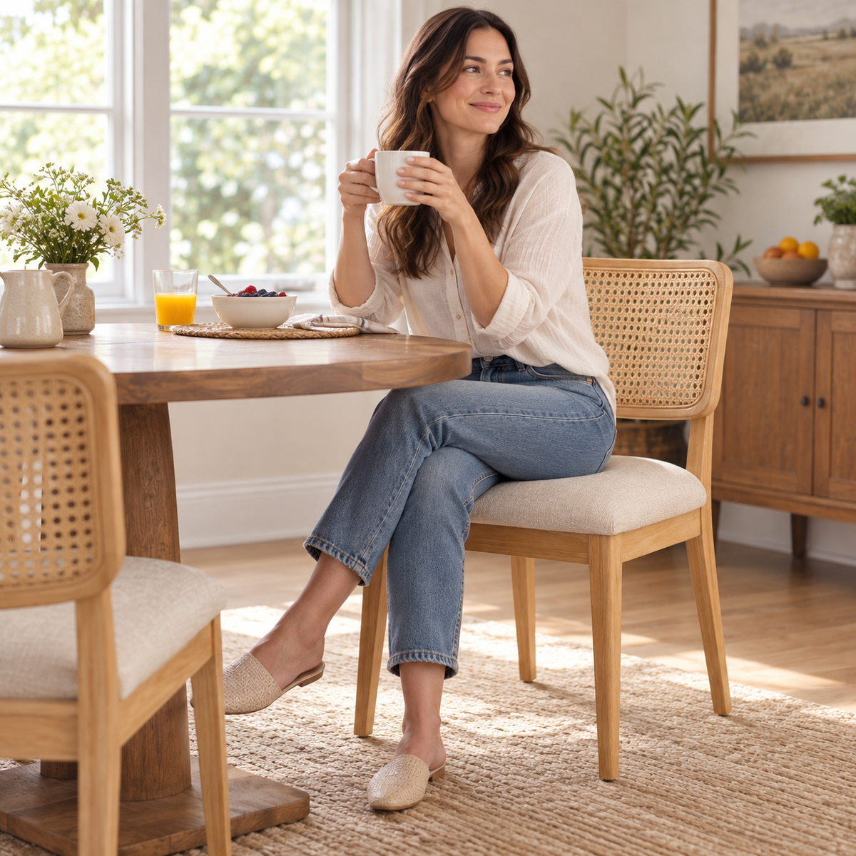 Cane-Back Dining Chair with Upholstered Seat, Natural Wood