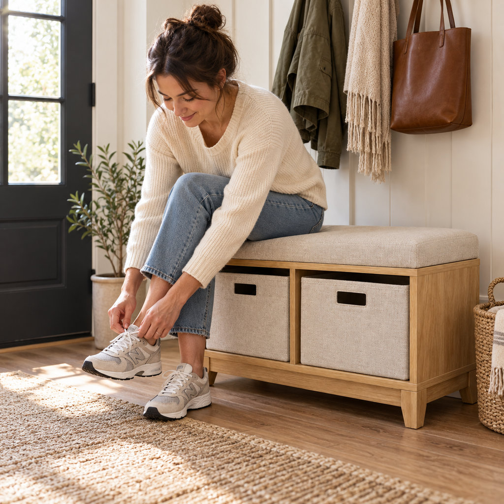 Entryway Storage Bench with Two Fabric Bins, Oak Look