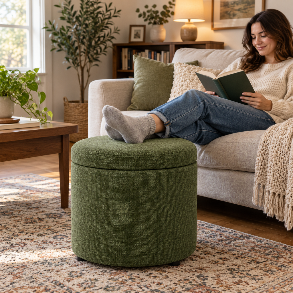 Round Storage Ottoman with Lift-Off Lid, Moss Green