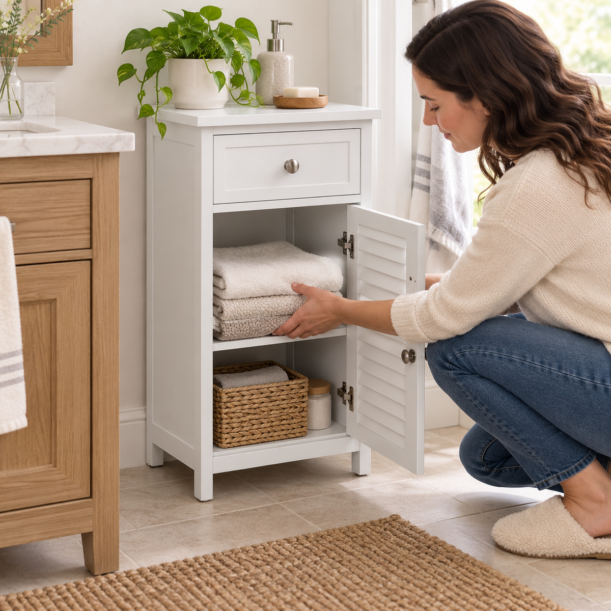 Bathroom Floor Cabinet with Drawer and Slatted Door, White