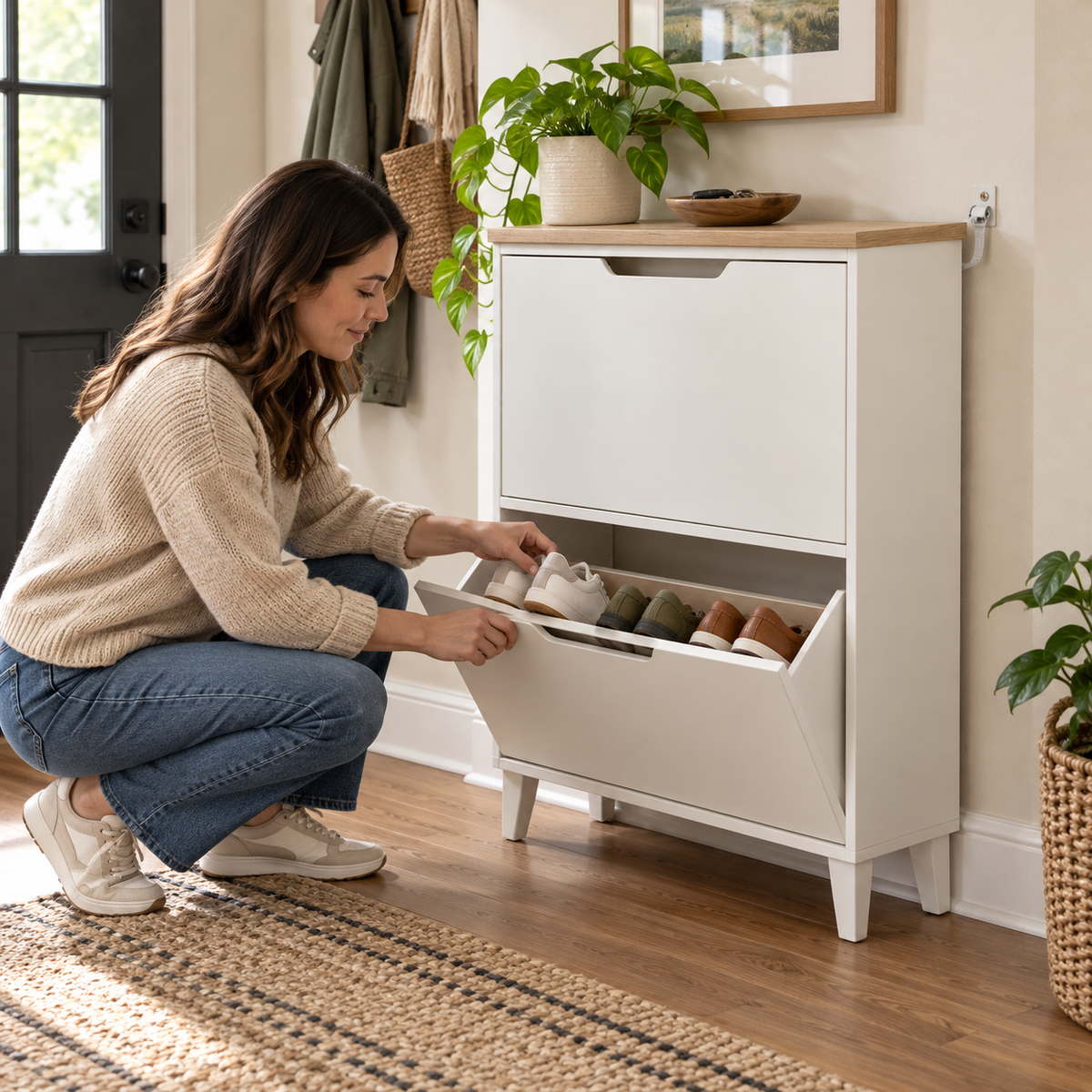 Slim 2-Compartment Flip-Door Shoe Cabinet, White and Oak Look