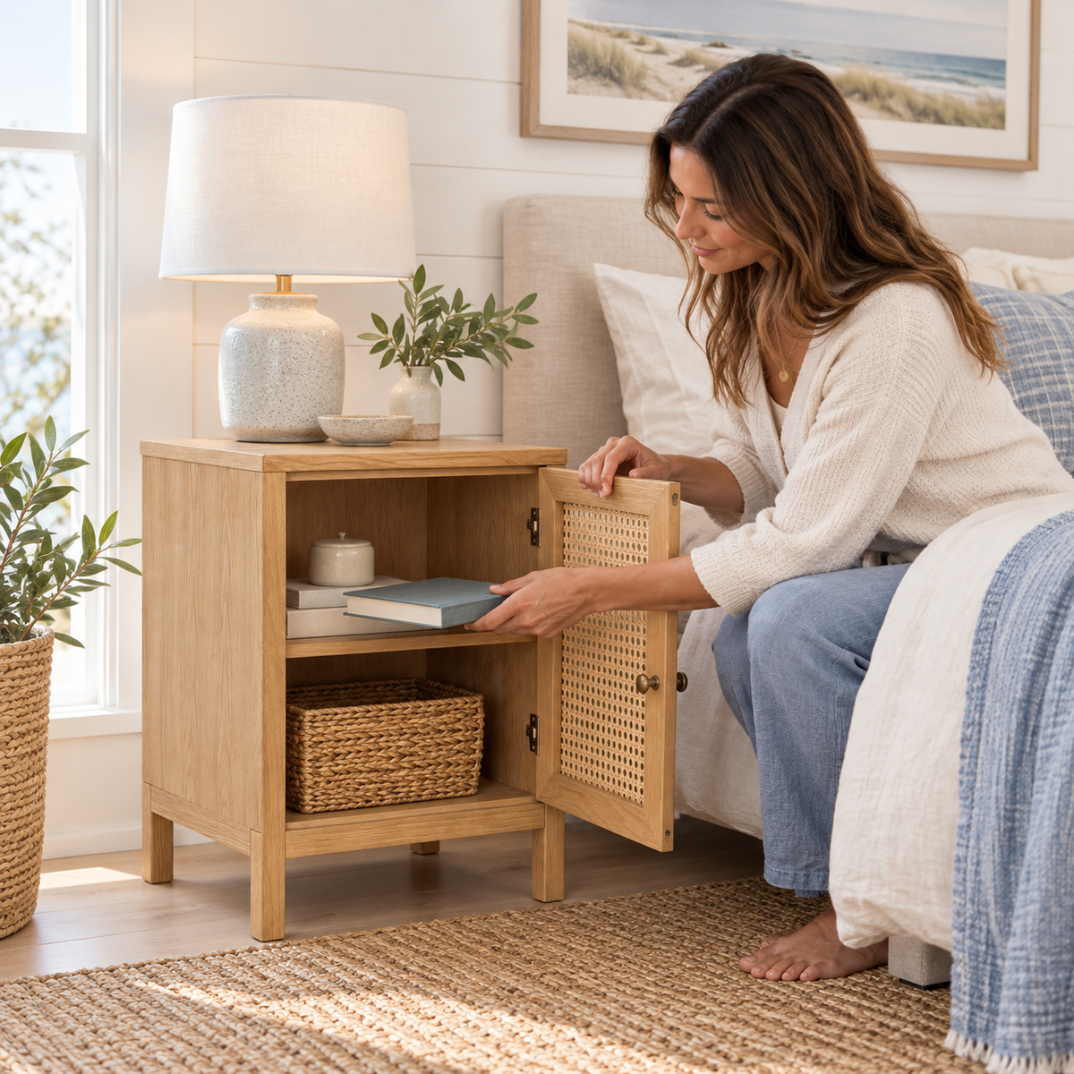 Cane-Door Bedside Cabinet, Natural Wood