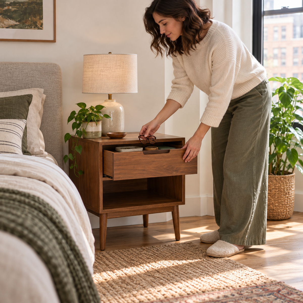1-Drawer Nightstand with Open Shelf, Walnut Finish