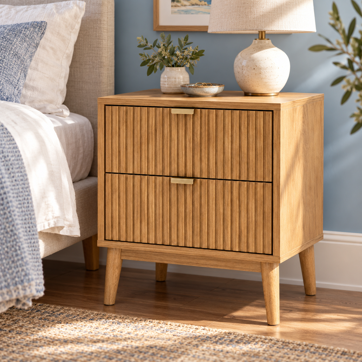 Fluted 2-Drawer Nightstand, Natural Oak Look