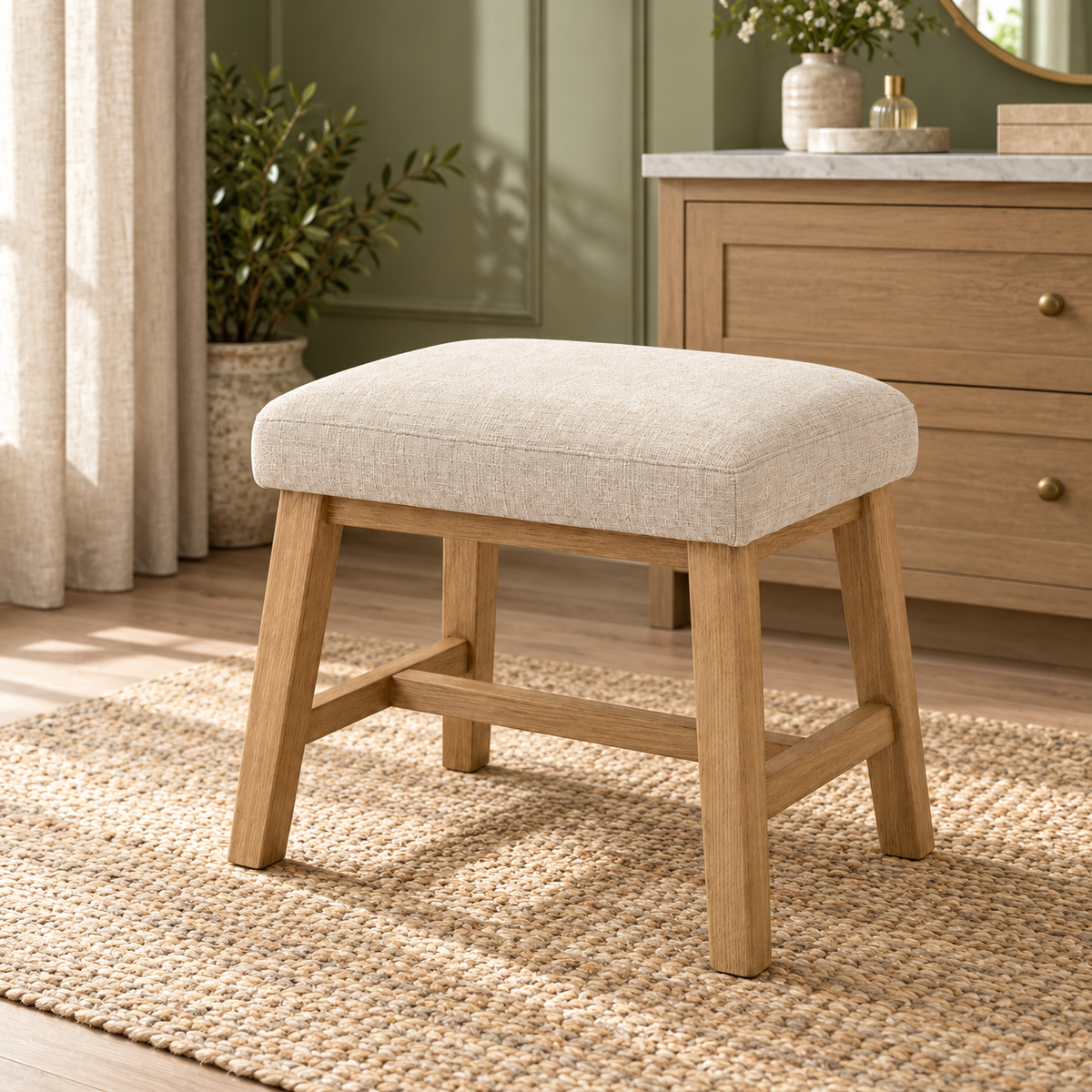 Upholstered Wood Vanity Stool, Oatmeal