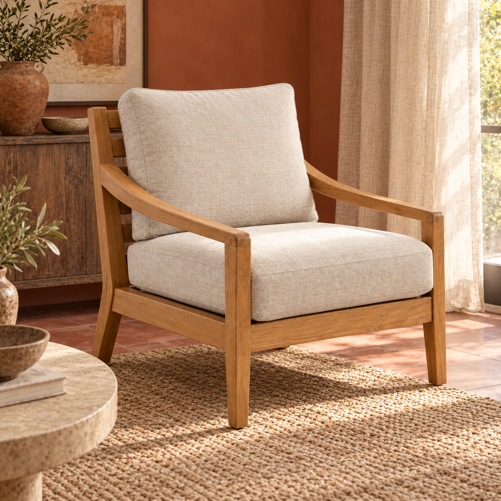 Wood-Frame Lounge Chair with Cushions, Oatmeal