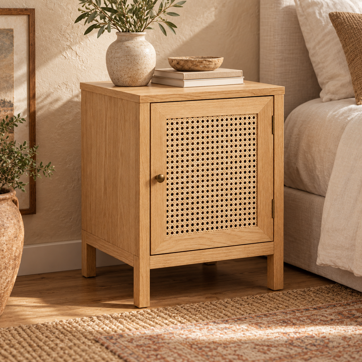 Cane-Door Bedside Cabinet, Natural Wood