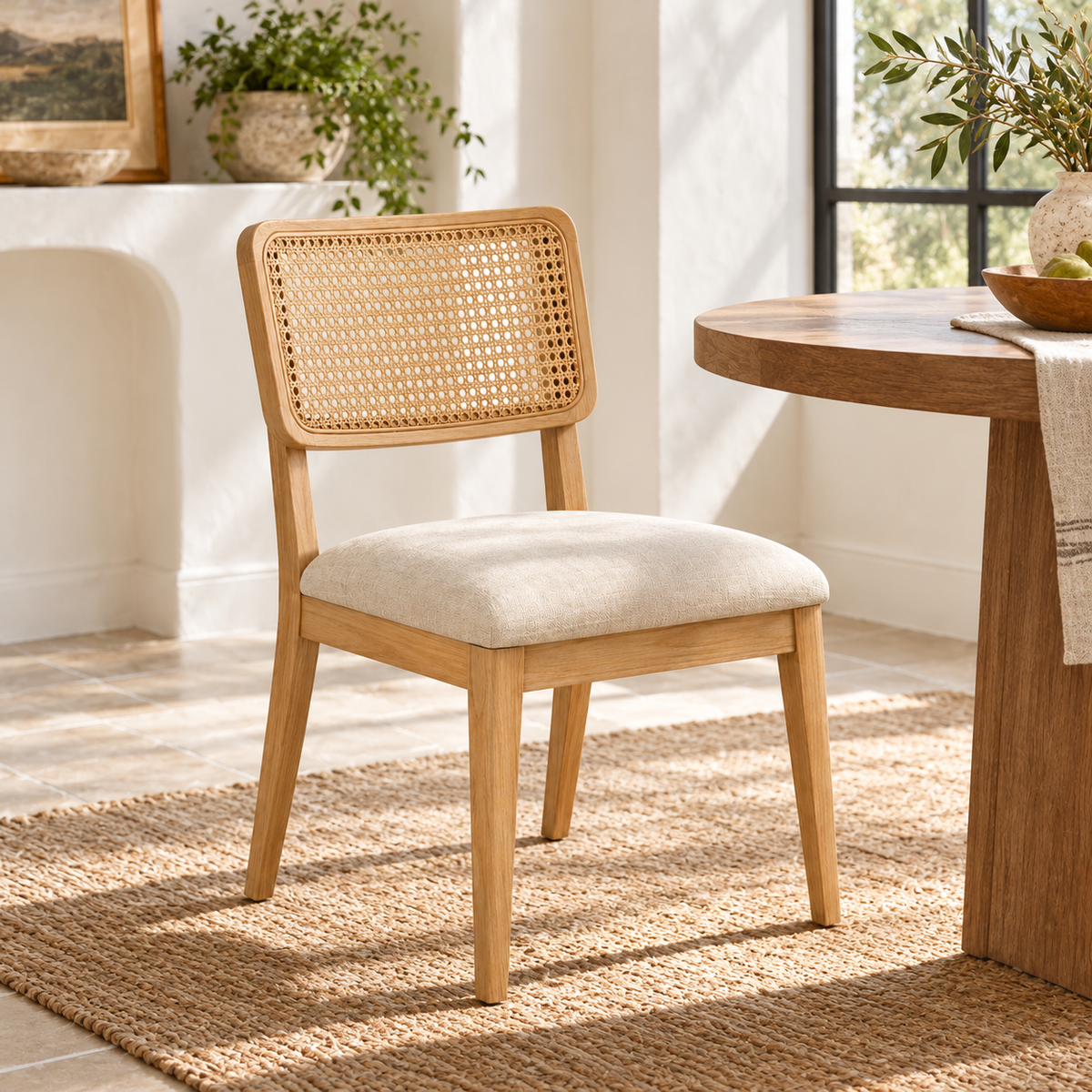 Cane-Back Dining Chair with Upholstered Seat, Natural Wood