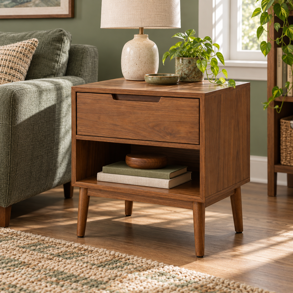 1-Drawer Nightstand with Open Shelf, Walnut Finish