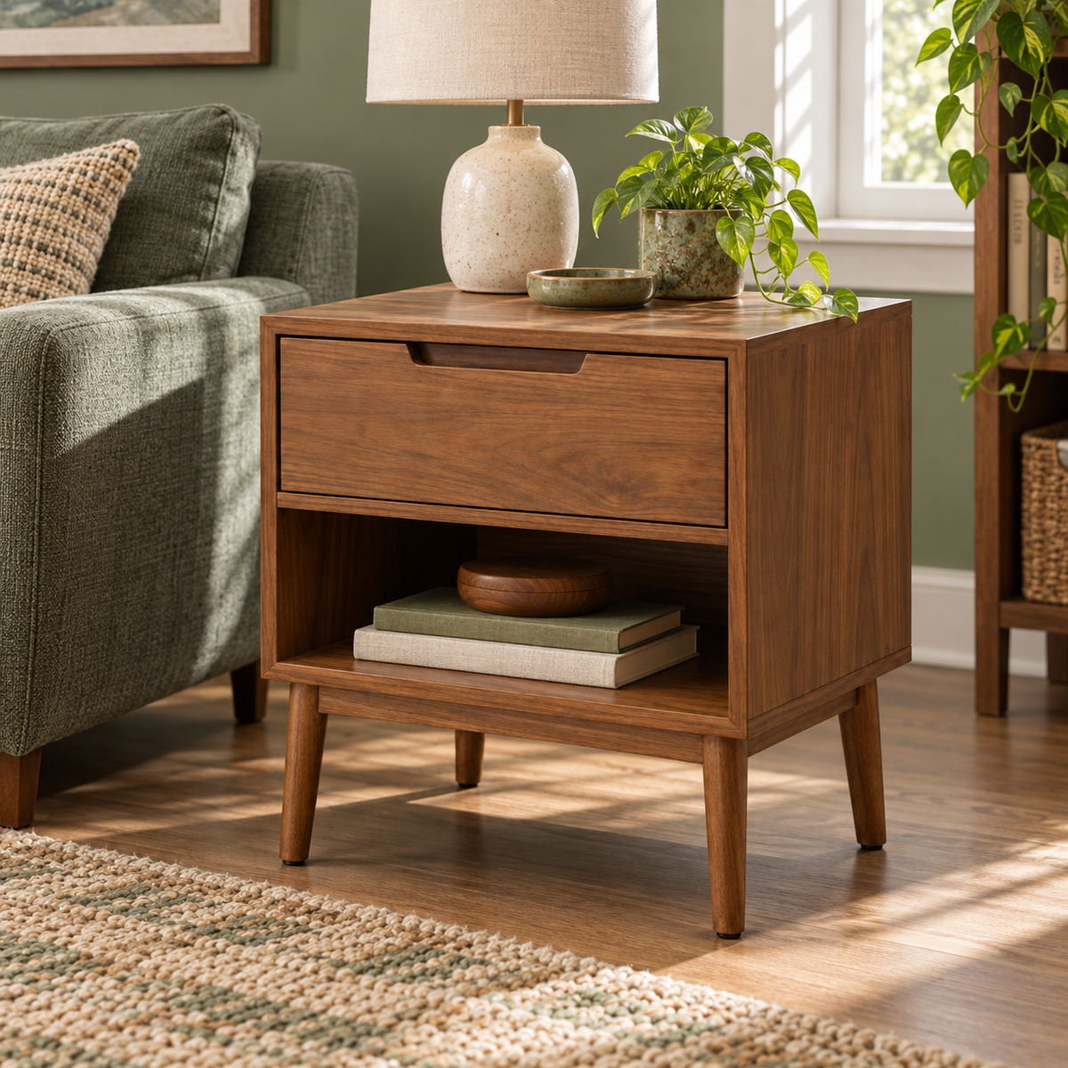 1-Drawer Nightstand with Open Shelf, Walnut Finish