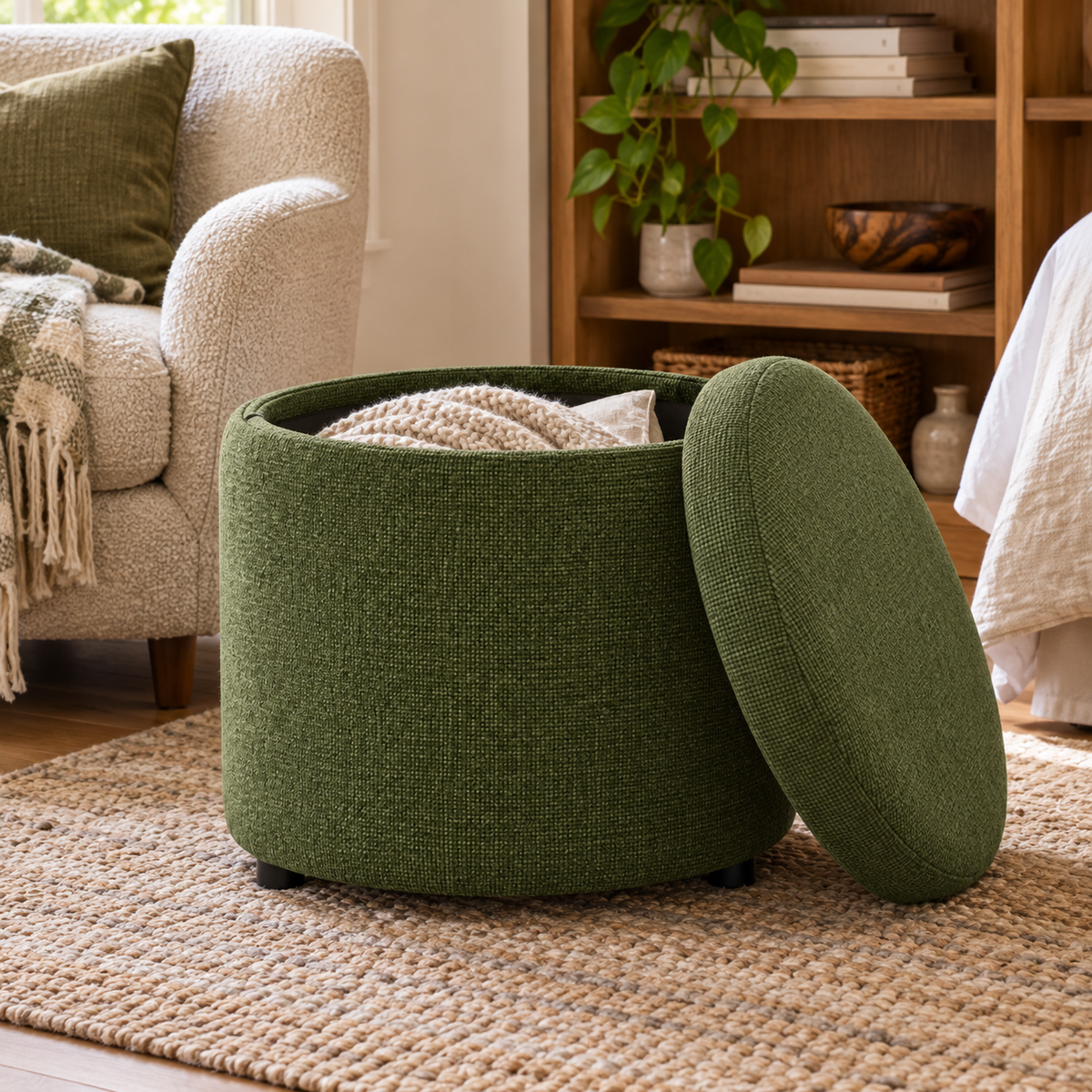 Round Storage Ottoman with Lift-Off Lid, Moss Green