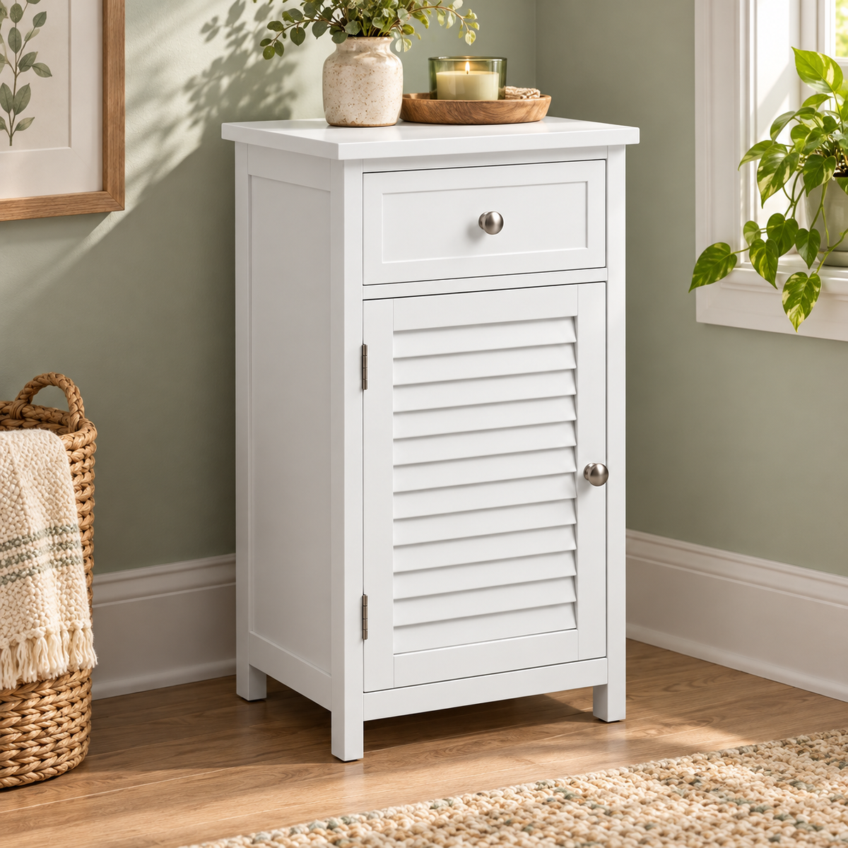 Bathroom Floor Cabinet with Drawer and Slatted Door, White