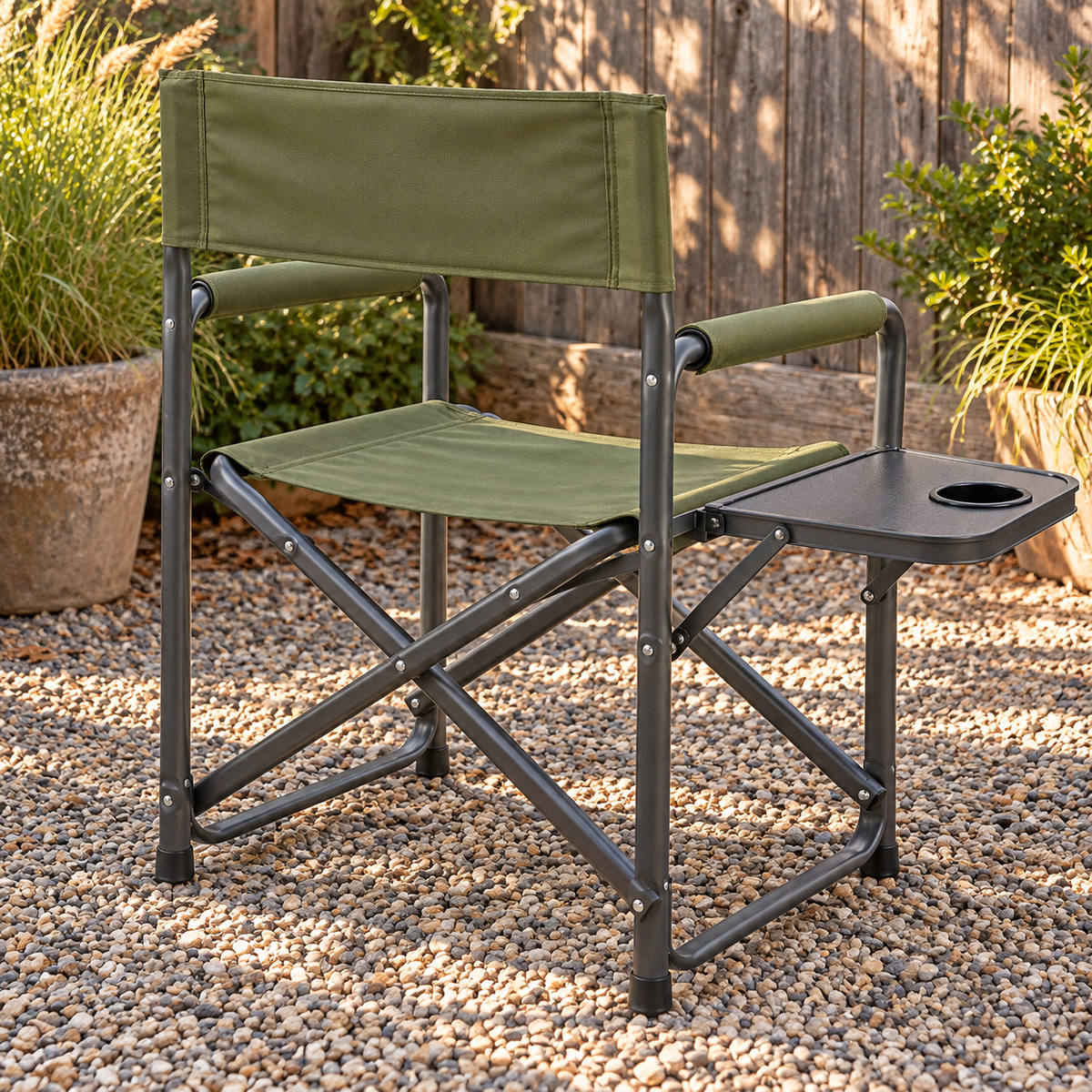 Folding Director Chair with Side Table, Olive