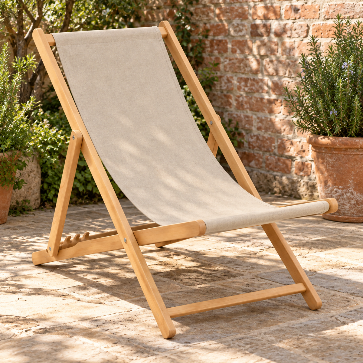Wood-Frame Folding Sling Deck Chair, Sand Beige