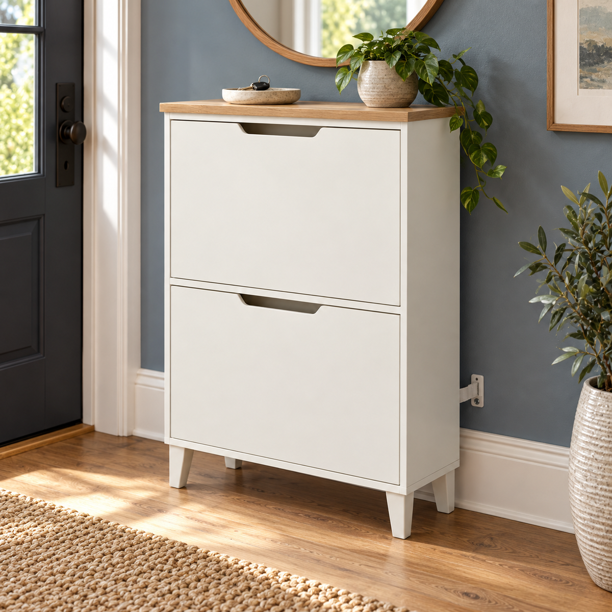 Slim 2-Compartment Flip-Door Shoe Cabinet, White and Oak Look