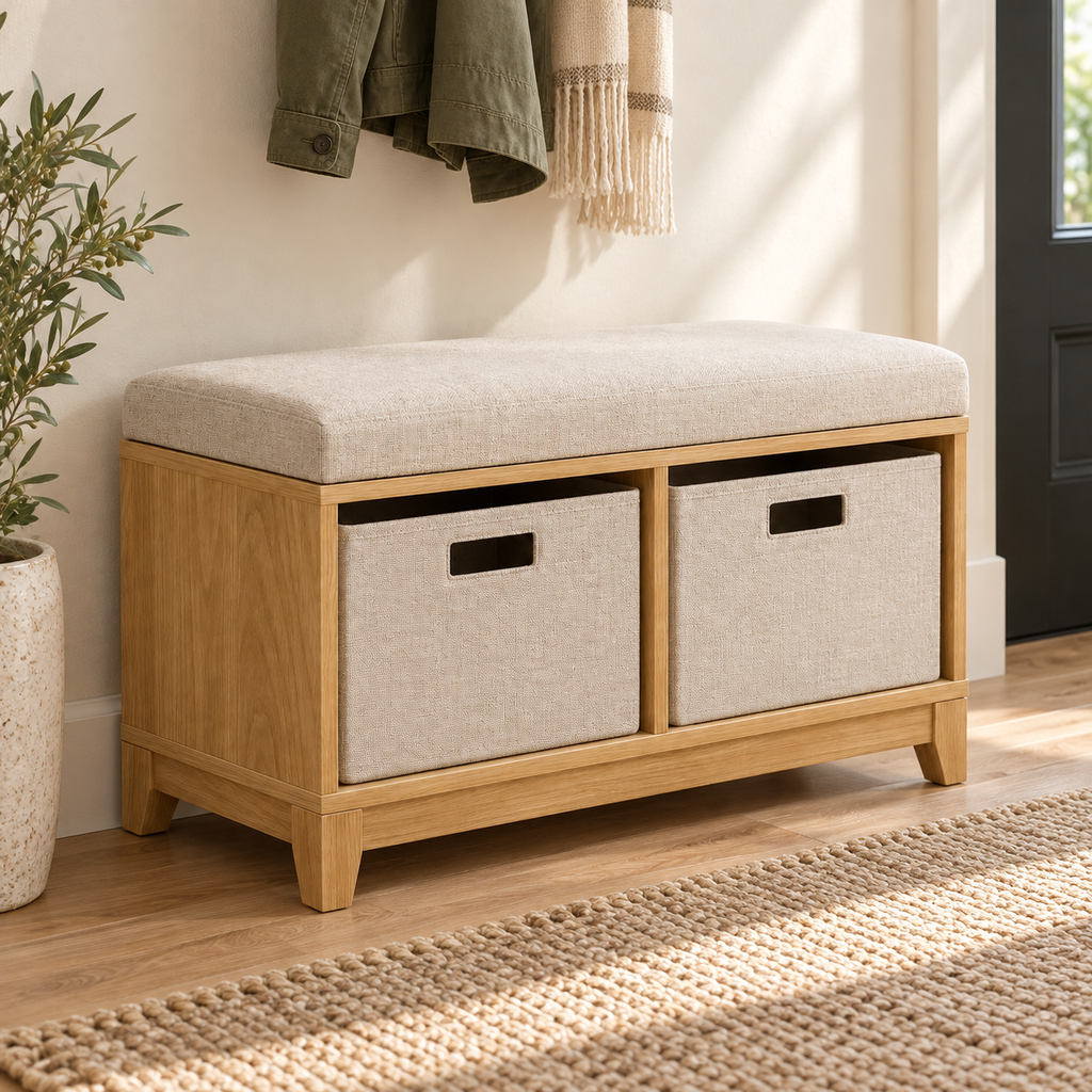 Entryway Storage Bench with Two Fabric Bins, Oak Look